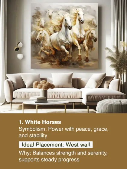 A painting of white horses symbolizes power with peace and stability. Its ideal placement is the West wall, where it helps balance strength and serenity for steady progress.
