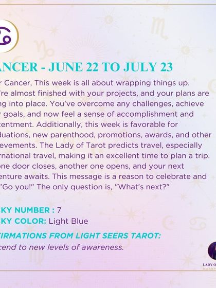 A weekly forecast for Cancer that is all about wrapping things up. This reading signals that you are nearing the finish line on your projects and a new, exciting adventure is about to begin.