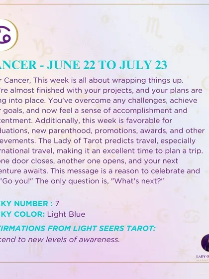 This week's tarot reading for Cancer. This week is all about wrapping things up. As one door closes, another one opens, and your next adventure awaits.