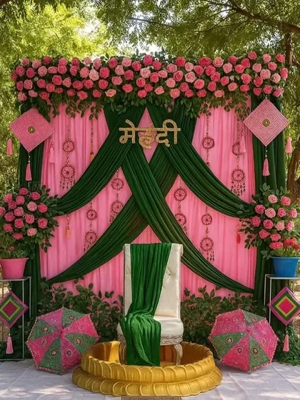 For a vibrant Mehandi function, I created this beautiful outdoor setup. It features a bright pink and green drape backdrop, the bride's name in Hindi, traditional Rajasthani umbrellas, and dreamcatchers for a fun, folk-inspired look.