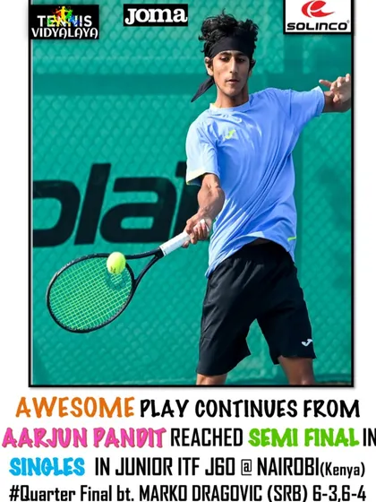 Awesome play from Aarjun Pandit to reach the semi-final in singles at the Junior ITF J60 in Nairobi, defeating his Serbian opponent in straight sets.