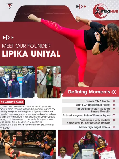 This infographic introduces our founder, Lipika Uniyal, and her extensive background as a former MMA fighter, world championship player, and corporate self-defense trainer. Her expertise is the foundation of every program we offer.