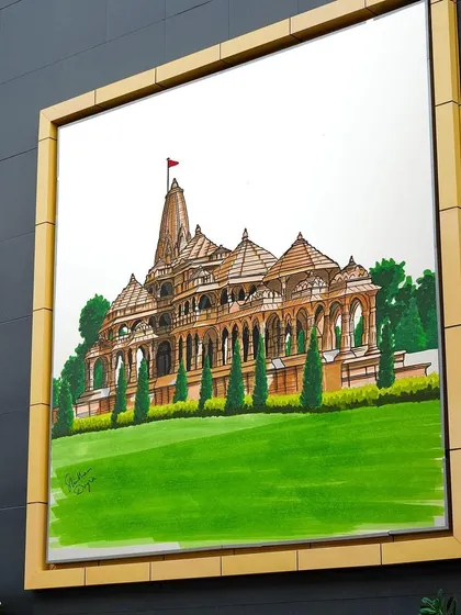 My Ram Mandir illustration displayed in a large format. It's amazing to see a piece that started in a sketchbook transformed into a large-scale display.