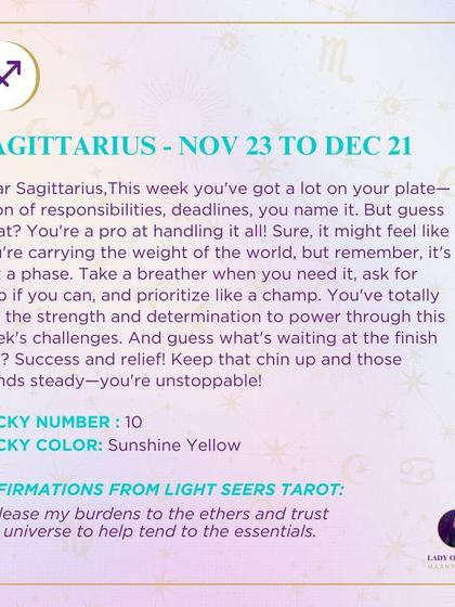 A weekly tarot prediction for Sagittarius about having a lot on your plate. This reading is a reminder that you have the strength and determination to power through the week's challenges.