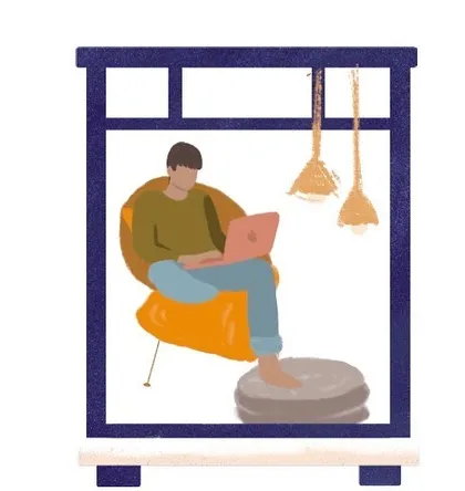 A modern scene of someone working from their cozy corner. I can create custom illustrations for professionals or anyone wanting to capture their daily grind in a unique, artistic way.
