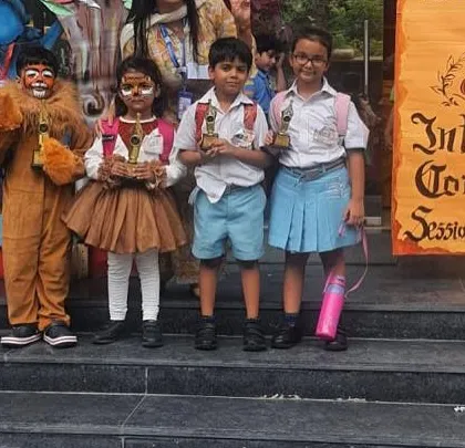 Our students proudly display their trophies from the "Hunar 2024" inter-school competition. Their success in both storytelling and spelling events makes us immensely proud.