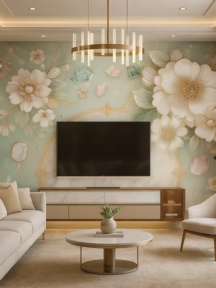 This elegant TV unit is enhanced by a 5D wallpaper featuring soft white flowers and sparkling gems. The design adds a touch of glamour and sophistication to the living space.