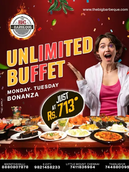 Our Monday and Tuesday Bonanza offers an unlimited buffet at just ₹713. Indulge in endless flavors and unbeatable value.