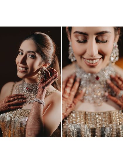 A diptych of Ragini from her engagement, showcasing her radiant smile and dazzling diamond jewelry. These close-ups capture her happiness and the glamour of the event.