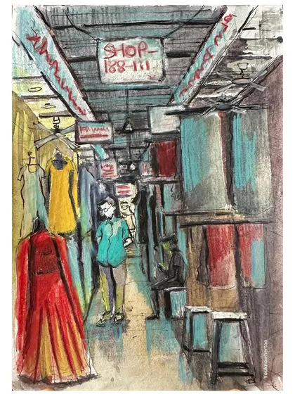A colourful sketch capturing the busy, narrow lanes of Gandhi Market. I used a mix of media to show the textures and energy of this popular Mumbai shopping destination.