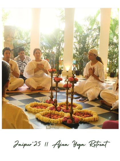 A polaroid-style shot from our Jaipur retreat. We gathered for a morning session around a beautiful arrangement of flowers and traditional lamps, soaking in the sunrise light.