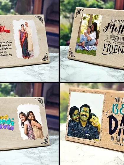 These wooden plaques are perfect for celebrating family. You can see designs for Valentine's Day, Mother's Day, Father's Day, and friends, each with a unique layout of photos and text.