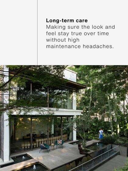 A graphic about the "Long-Term Care" challenge, emphasizing the need for low-maintenance design that remains beautiful over time. This shows a focus on practical, sustainable outcomes for the client.