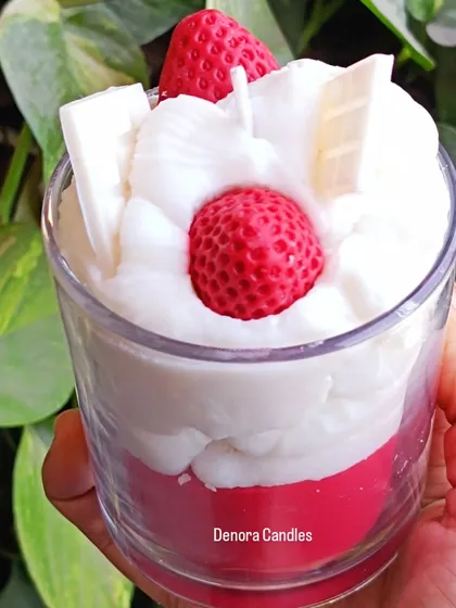 Another angle of the strawberry and cream candle, showing the wax chocolate bar details.