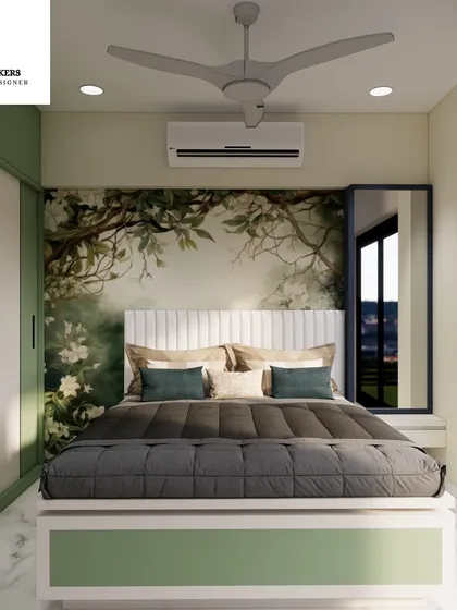 A beautiful bedroom concept with a nature-themed mural behind the bed, creating a peaceful, forest-like escape.