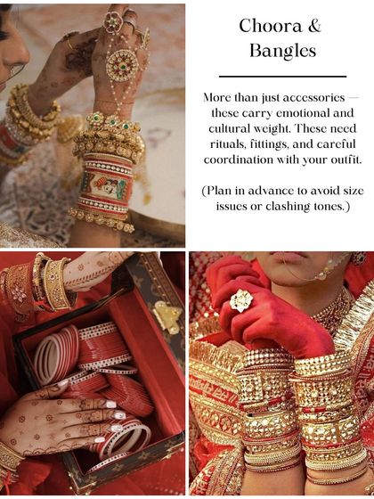 A checklist of bridal accessories you shouldn't forget. Choora and bangles carry huge cultural and emotional weight. I help you coordinate them perfectly with your outfit to avoid any sizing or color-clashing issues.