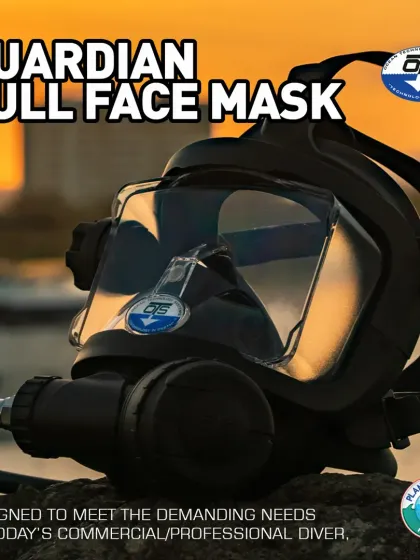 A studio shot of the OTS Guardian Full-Face Mask, emphasizing its robust, one-piece silicone skirt and high-impact ABS plastic frame. This construction is designed to meet the demanding needs of today's commercial and professional divers.