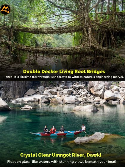 More must-dos in Meghalaya: trekking to the Double Decker Living Root Bridges and boating on the crystal clear Umngot River in Dawki.