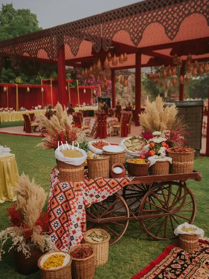 We transported guests to a vibrant Moroccan market with our "Souk at Fatehpur" theme. This interactive experience featured aromatic spices, handwoven carpets, and local snacks, creating a rich, sensory journey as part of the Mehendi celebration.