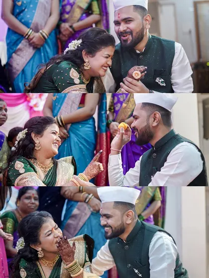 A fun and candid collage of the couple playfully feeding each other sweets during their engagement ceremony, surrounded by laughing family members.