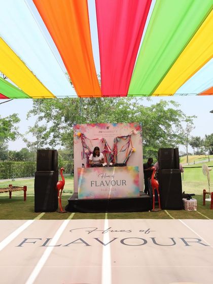 The DJ booth for the Holi party, featuring a custom backdrop and flanked by quirky pink flamingo props.