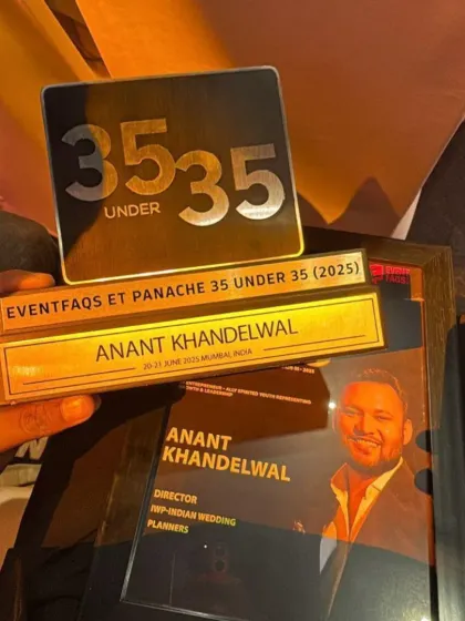 A close-up of the "35 Under 35" awards. This recognition from Eventfaqs and ET Panache is not just a personal win, but a symbol of my company's commitment to excellence in the industry.
