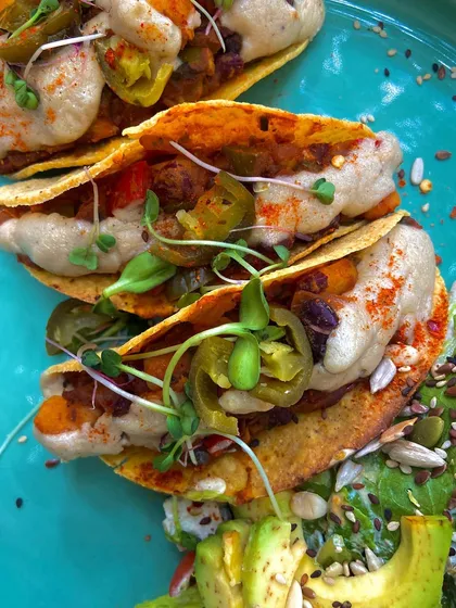 Our vegan tacos are a feast for the eyes and the palate. Topped with microgreens and jalapeños, every bite is a perfect balance of textures and flavours, showing how exciting and delicious plant-based food can be.