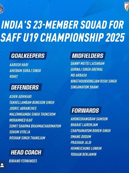 The official squad announcement for the SAFF U19 Championship, featuring our player Sohum Utreja among India's 23-member squad.