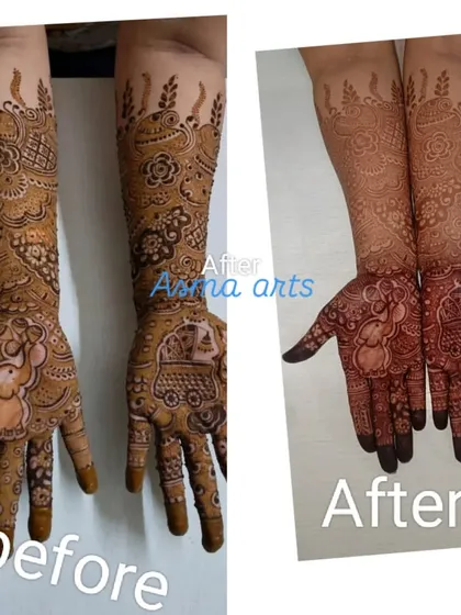 This shows the magic of organic henna. The 'before' is the freshly applied paste, and the 'after' is the rich, dark maroon stain it develops into after 48 hours, with no chemicals involved.