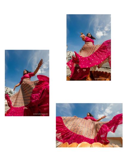 A collage of a bride twirling in her vibrant pink lehenga against the sky. These dynamic shots capture her joyful energy.