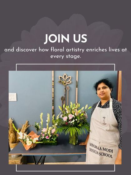 A student stands with two different arrangements, one tall and one low. This demonstrates her versatility and the breadth of skills learned.