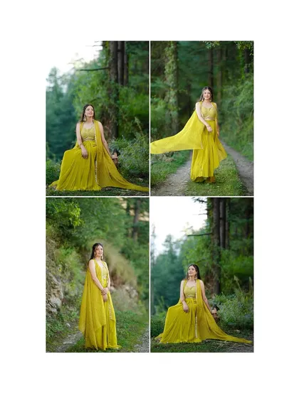 A four-panel collage of a bride-to-be in a flowing yellow outfit, posing playfully on a forest path for her Mehandi photoshoot.