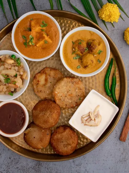 A slightly different angle of the Shivratri thali, giving a better view of all the delicious components.