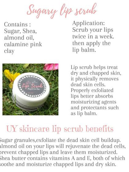 Information about my Sugary Lip Scrub. It contains sugar, shea butter, and almond oil to gently exfoliate dead skin and leave your lips feeling soft.