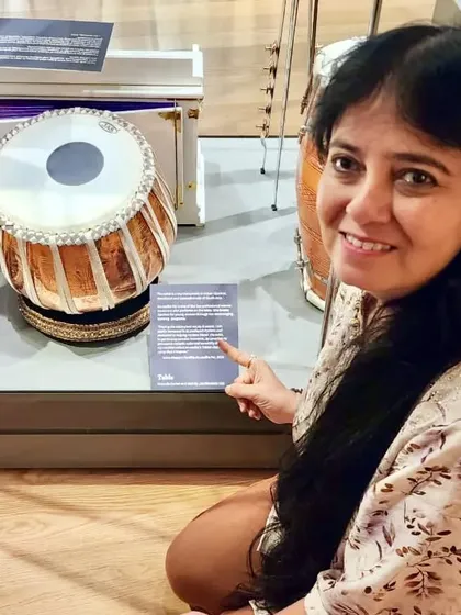Here I am at the Royal College of Music Museum in London, next to the display featuring my work and the tabla. It was an honor to be part of this important exhibition on women in South Asian music.