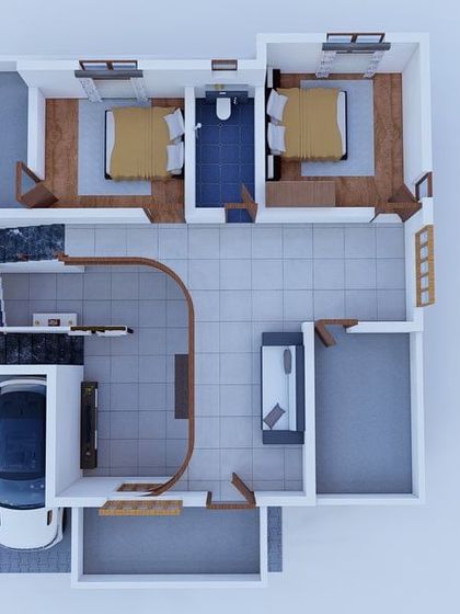 A top-down 3D view of a floor plan, clearly showing two bedrooms, a bathroom, and the living area.