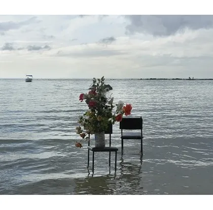 An artwork by Surekha from the group show 'the sky the sea the city'. This exhibition brought together artists contemplating themes of water, migration, and memory.
