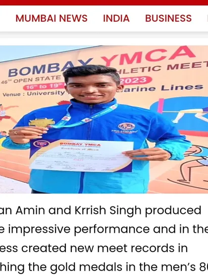 An online article featuring Gagan Amin's impressive performance, where he created a new meet record in the men's 800m race at the Bombay YMCA meet.