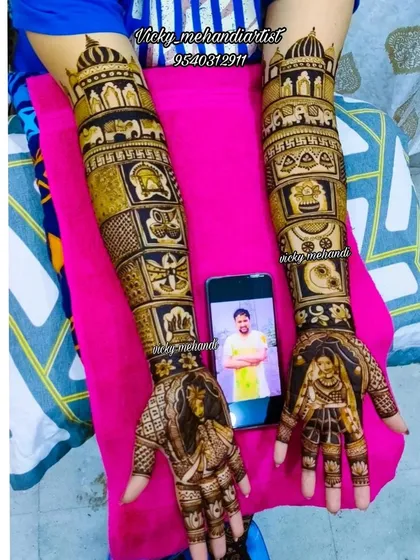 This design shows how we use a client's photo on a phone to create a lifelike portrait on the palm, surrounded by traditional wedding symbols.