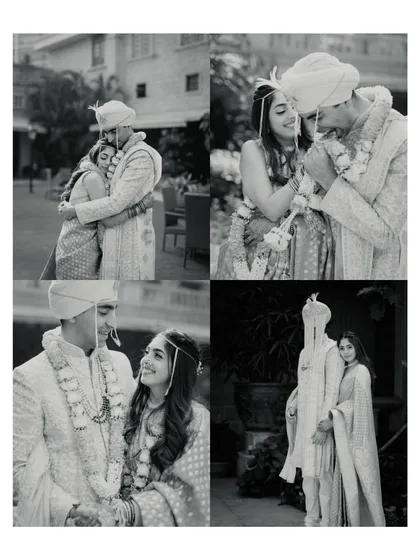 A set of black and white portraits of Tanvi and Dhrupad. This timeless style emphasizes their emotions and the quiet, happy moments on their wedding day.