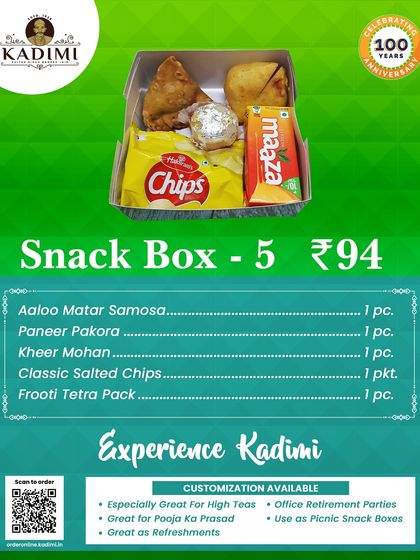Snack Box 5 comes with an Aloo Matar Samosa, Paneer Pakora, Kheer Mohan, chips, and a drink.