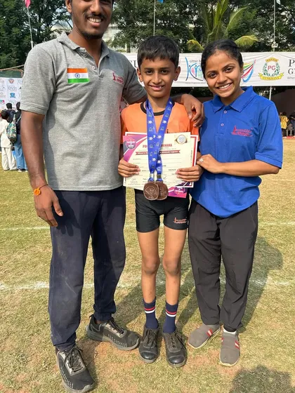 A proud moment for our student Swaransh and his coaches after he won 3rd place in the Under-12 category at the Poisar Gymkhana competition. Our coaches are the pillars of support for our athletes.