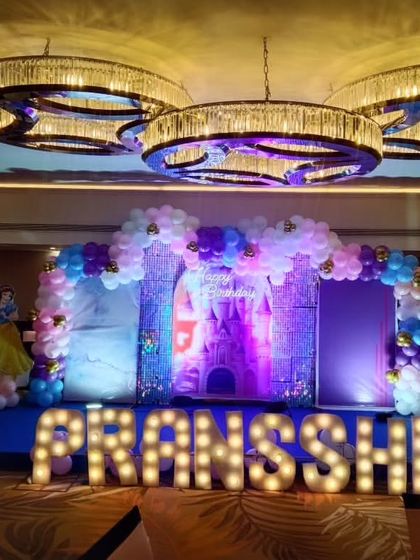 Another view of the Pransshi's princess party stage, showing the intricate details of the castle backdrop and balloon work.