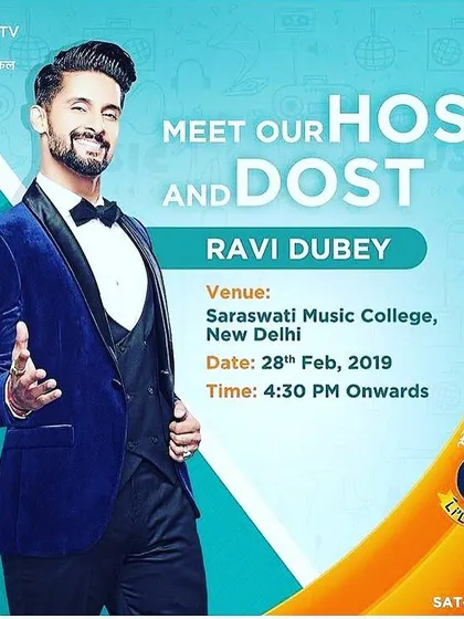My venue is a trusted partner for national talent hunts. Here is a poster from when I hosted the host of Zee TV's Sa Re Ga Ma Pa Lil Champs, Ravi Dubey, for a special meet and greet and audition session, providing a platform for aspiring young singers.
