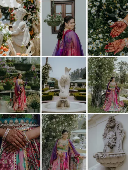 This collage focuses on the bride and the beautiful details of her Mehendi day. It showcases her floral lehenga, intricate henna design, and the elegant garden decor with classical statues.
