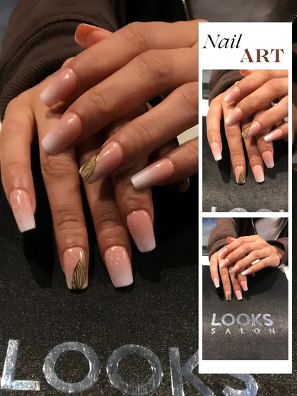 A collage showing an elegant ombre nail design with a touch of glamour. The ring finger features a subtle gold leaf accent, adding a unique detail to the classic gradient effect.