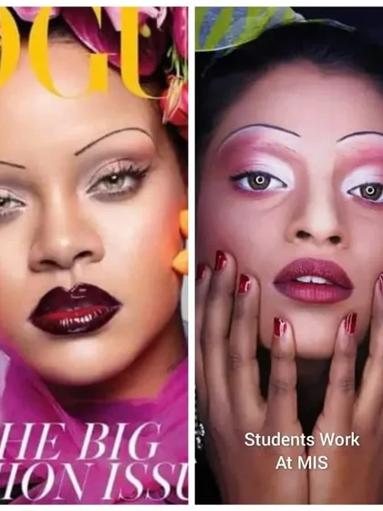 A student's recreation of a famous Rihanna editorial look, showcasing their skill in eyebrow erasing and avant-garde makeup.