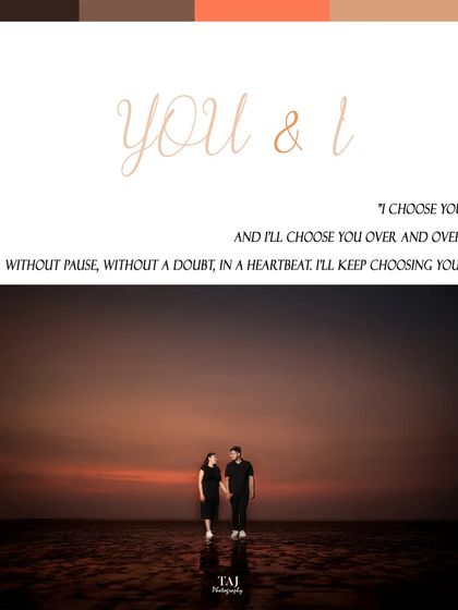 A silhouette against the fiery sunset over the water. This dramatic shot captures the promise of a shared future, with the couple standing together as one day ends and their new life begins.