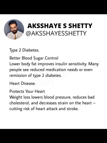 Losing weight has a direct, positive impact on type 2 diabetes and heart disease. Lower body fat improves insulin sensitivity and lowers blood pressure, cutting your risk of heart attack and stroke.