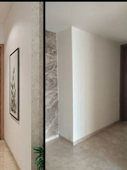 A direct before and after comparison of the main entrance, transforming a simple doorway into a refined and welcoming statement.